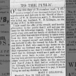 Hall -  A reward for murder Harrison TX January 1860